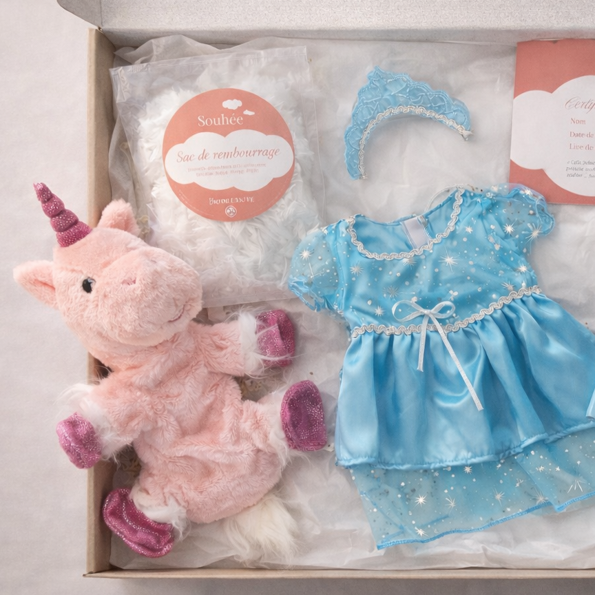 coffret contenant peluche rembourrage ouate tenue de princesse coeur et certificat de naissance