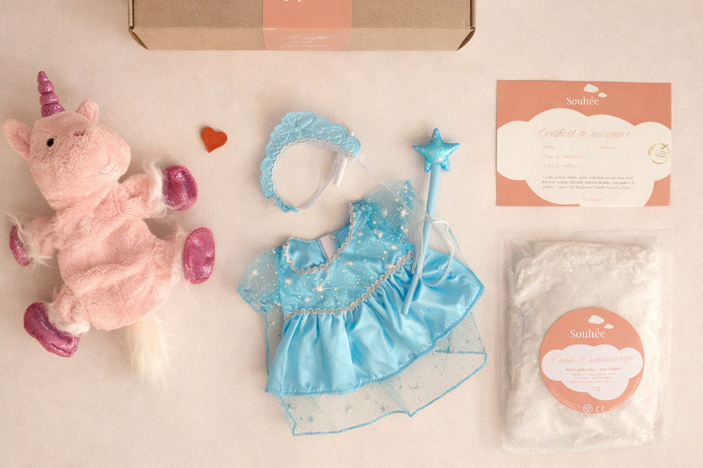 coffret interieur eclaté avec tenue de princesse eluche licorne souhée