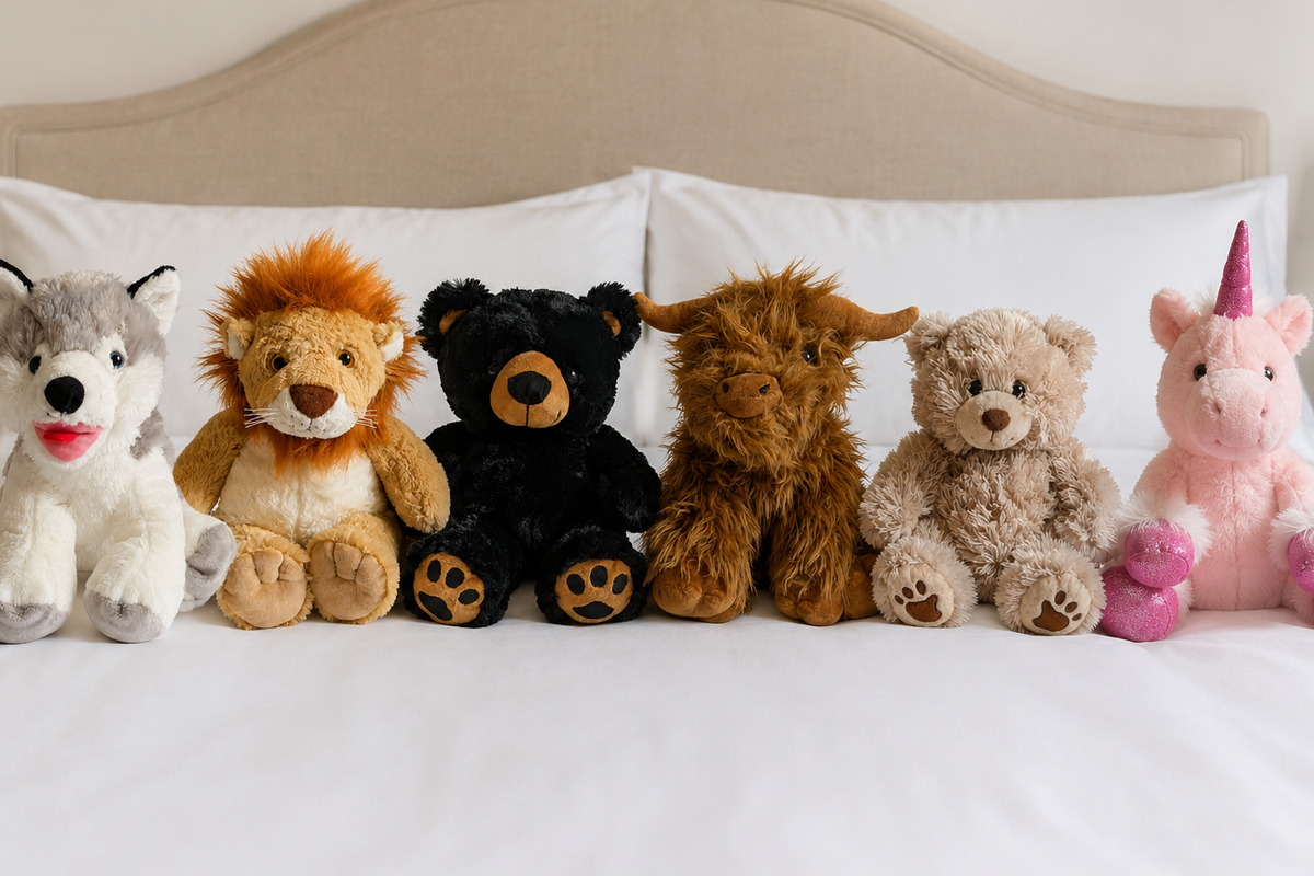 toutes les peluches souhée lion huesky ours brun vache écossaise ours beige licorne